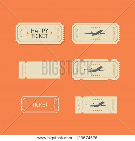 Ticket icons vector set isolated on orange background, ticket stub line outline illustration design