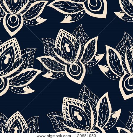 Vector abstract seamless pattern with lotus flowers. Abstract vector background with flowers. Lotus mandala. Vector Indian hand drawn lotus.