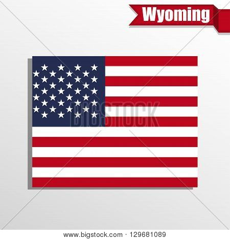 Wyoming State map with US flag inside and ribbon