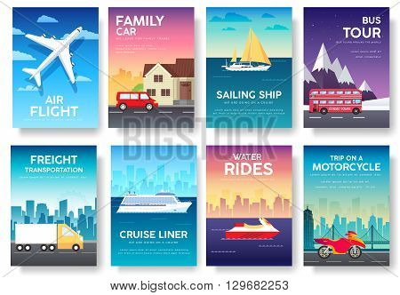 Variations transport of travel vacation tour guide infographic. Cruise, bus, flying on plane, car journey. Vector flyear, invitations, Magazines, cards, presentation, poster, banners set design.