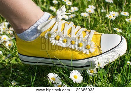 Yellow Sneakers Decorated With Daisies