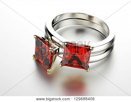 3D illustration of gold Ring with Garnet. Jewelry background. Fashion accessory