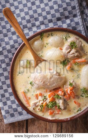 Belgian Hot Cream Soup With Chicken Waterzooi Close Up In A Bowl. Vertical Top View