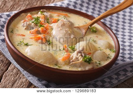 Belgian Cuisine: Cream Soup With Chicken Close Up In A Bowl. Horizontal
