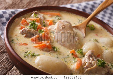 Tasty Belgian Waterzooi Soup With Chicken Macro In A Bowl. Horizontal
