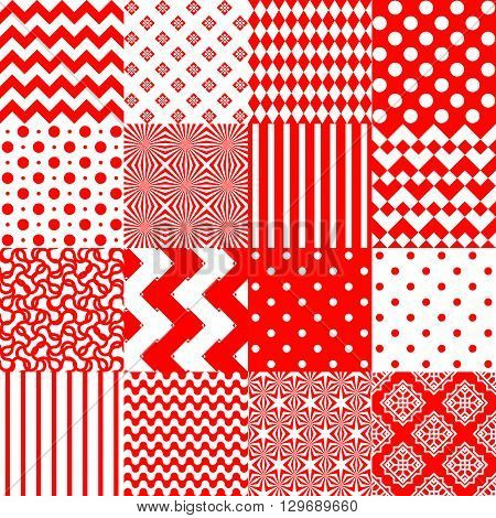 Set of seamless backgrounds with geometric print in red and white. Vector abstract image. Good background for wrapping paper and textiles. Festive red-white texture. Patchwork.