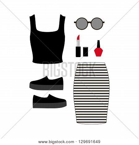 Fashion look illustration. Skirt top bag shoes. Vector illustration