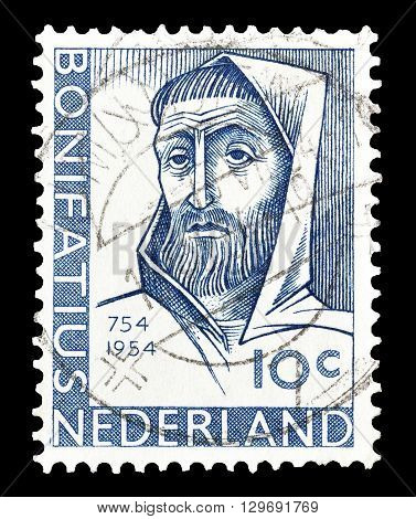 NETHERLANDS - CIRCA 1954 : Cancelled postage stamp printed by Netherlands, that shows Saint Bonifatius.