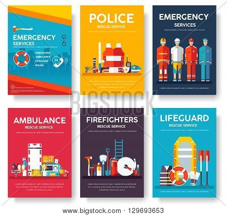 Firefighter, rafting, police, medicine rescue cards template set. Flat design icon of flyear, magazines, posters, book cover, banner. Emergency services layout concept pages with typography background