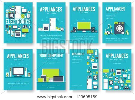 Home appliances cards set. Electronics template of flyear, magazines, posters, book cover, banners. Devices infographic concept background. Layout illustrations template pages with typography text
