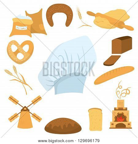 Set bread and icons isolated on white fone. Flour in bags, rolls, ears of corn, grain, mill, oven fire, a loaf of dough with a rolling pin raskatanoe, chef hat. Vector illustration.