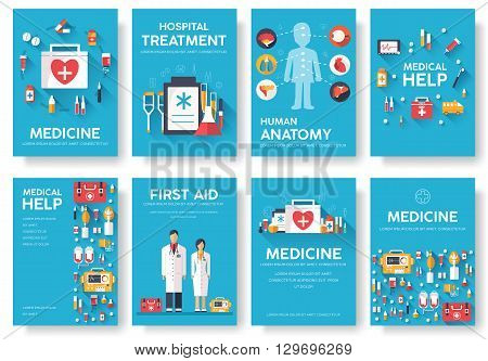 Medicine information cards set. Medical template of flyear, magazines, posters, book cover. Clinical infographic concept on blue background. Layout illustrations template pages with typography text