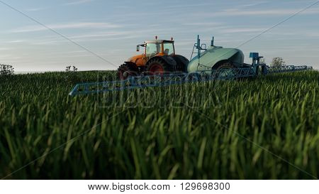 3d illustration of an orange tractor with spray fertilizer