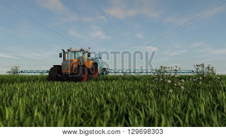 3d illustration of an orange tractor with spray fertilizer