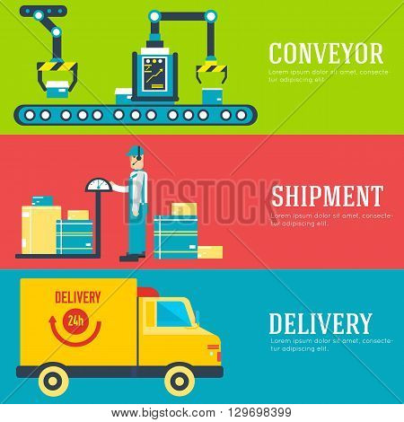 Warehouse staff puts cargoes, box, package and parcels banners. Flat business delivery service vector illustration design concept. Flat quality logistics icons background