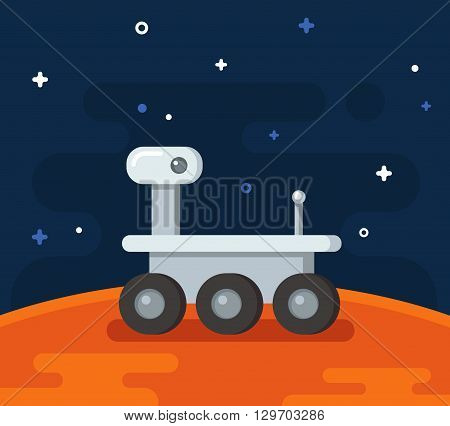 Mars research rover. Flat cartoon vehicle on planet surface.