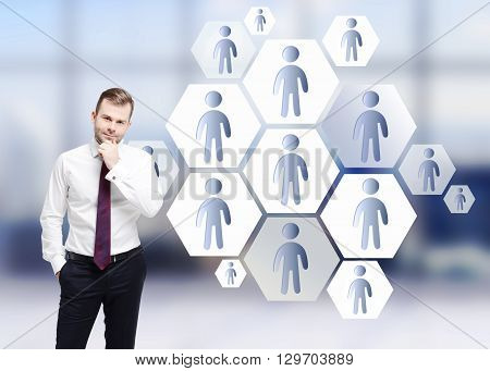 Lead generation concept with thoughtful businessman and staff icons