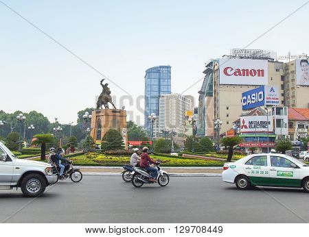 Ho Chi Minh City Vietnam - March 7 2013 : Tran Nguyen Han statue locate at Quach Thi Trang traffic circle before Ben Thanh market the ancient statue existed 1975 at center of city Viet Nam