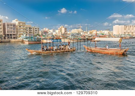 Water Taxi Crossing The Famous Creek In Dubai, Uae