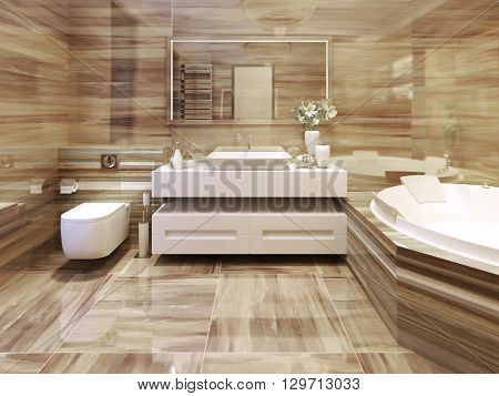 Bathroom art deco style, snowy white sink console and large mirror. 3d render