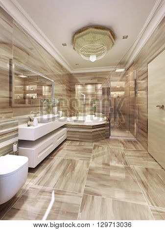 Modern bathroom design. Beige ceramic tile flooring and walls. 3d render