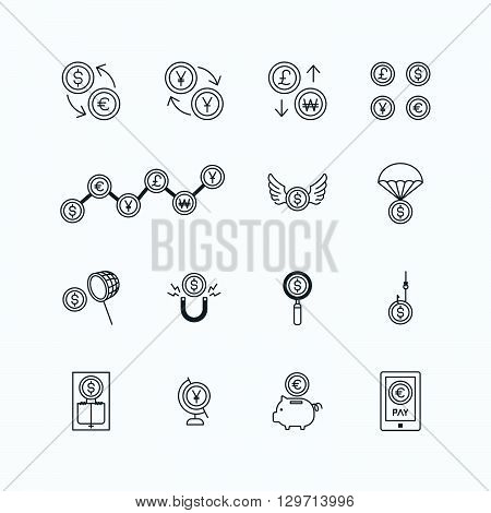 vector linear web icons set - business money currency coin concept collection of flat line design elements.