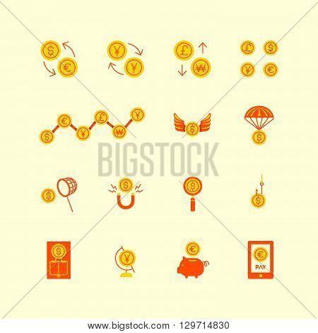 vector linear web icons set - business money currency coin concept collection of flat line design elements.