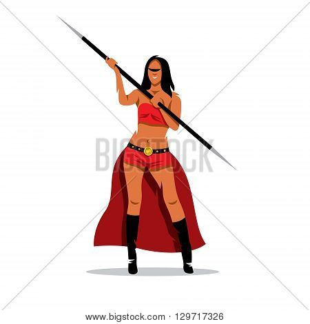 A woman with a spear in a red dress isolated on a white background