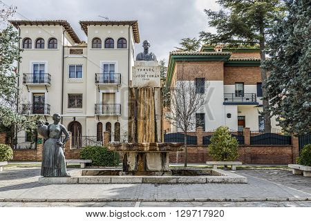 Teruel Spain - March 11 2016: Statue tribute to the city of Teruel Spain his son Jose Toran. The sculptor Victorio Macho.