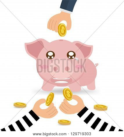Thieves Hand Stealing Money Coin From Piggy Bank Of Businessman