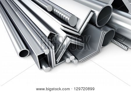 metal pipes angles channels squares. 3D rendering on a white background