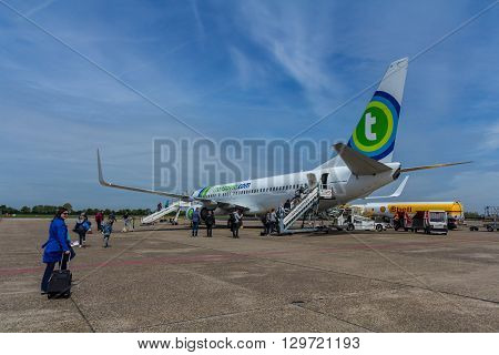 Rotterdam the Netherlands - May 02 2016: Rotterdam Airport passenger aircraft waiting to be boarded