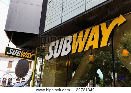 Bucharest, Romania, May 4, 2016: Subway logo. Subway is an American fast food restaurant franchise that primarily sells submarine sandwiches (subs) and salads.