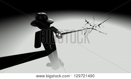 Black hat hacker piercing the screen with a rapier showing cracks 3D illustration security breach concept