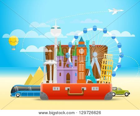 Vacation travelling composition with the open bag. Touristic sighns concept