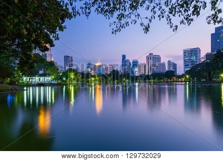 Bangkok Skyline At Dusk, Lumpini Park, Bangkok, Thailand