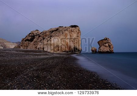 Night seascape of Aphrodite's Rocks beach bithplace of greek goddess of love, Paphos, Western Cyprus (Petra tou Romiou),popular landmark
