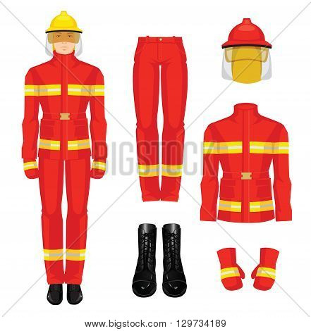 Vector illustration of firefighter in uniform isolated on white background. Protection clothes for firefighter