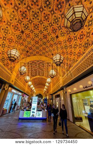 DUBAI UAE-FEBRUARY 01: Interior of Ibn Battuta Mall store on February 01 2016. Each salesroom is decorated in the style of different country.
