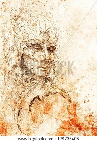 woman and ornamental mask. pencil drawing on paper, Color effect