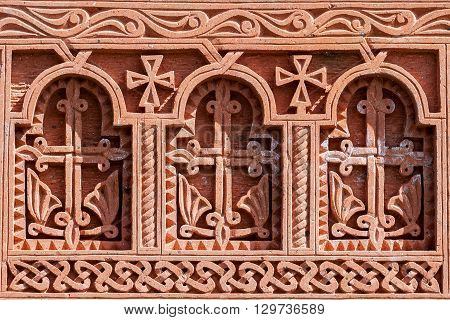khachkar pattern on volcanic tuff texture traditional Armenian cross