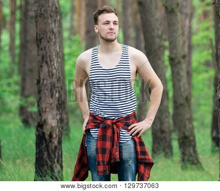 Trendy Guy In The Pine Forest