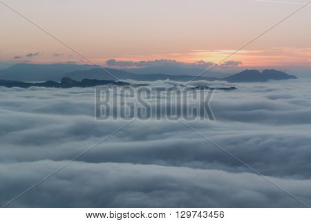 a view of foggy landscape in san marino italy