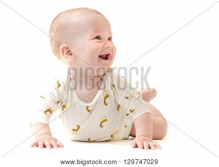 Infant baby boy smiling isolated on white background