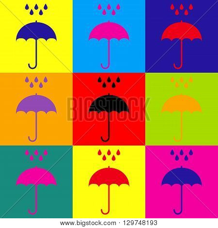 Umbrella with water drops. Rain protection symbol. Flat design style. Pop-art style colorful icons set.
