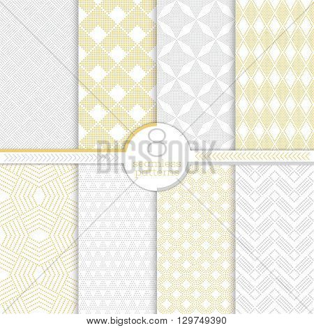 Set of seamless patterns. Collection of modern stylish dotted textures. Regularly repeating geometrical ornaments with different geometric shapes. Modern vector design