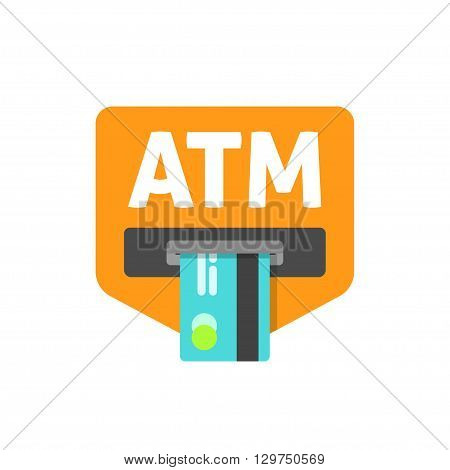 ATM credit card sign vector illustration, cash machine inserting credit card, atm sign, electronic device, flat icon, modern simple design isolated on white red background