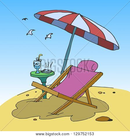 Deck chair on the beach. Missed call cocept. Empty recliner. Hand drawn illustration
