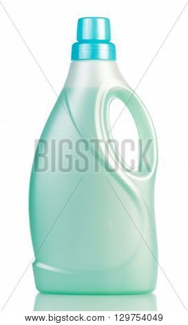 Green plastic with liquid detergent bottle isolated on white background.