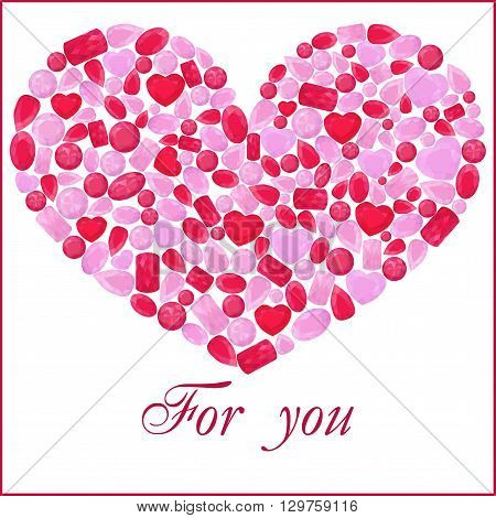 Pink and red diamond or rubin gem stone heart. isolated on white